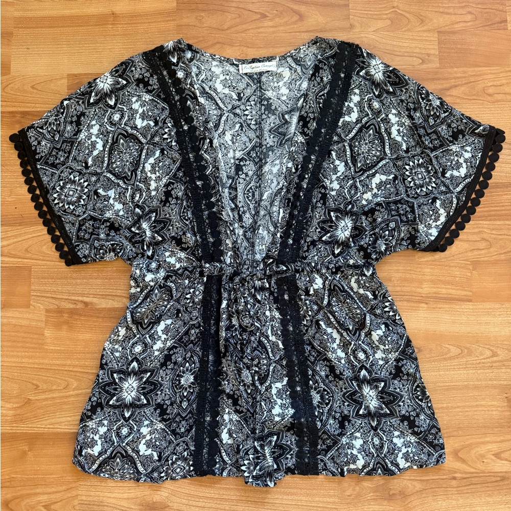 PerSeption Concept Women Size S Swim Cover Up With Belt Black White Printed Top